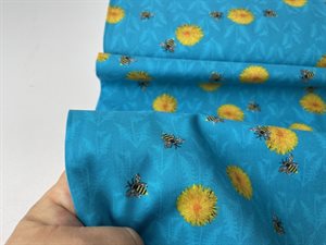 Patchwork stof - skøn klar blå med mælkebøtter og bier